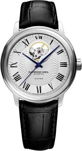 Raymond Weil Men's Maestro Stainless Steel Swiss-Automatic Watch with Leather Calfskin Strap, Black, 20 (Model: 2227-STC-00659), Silver in Saudi Arabia