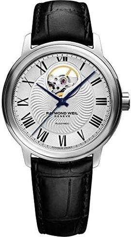 Raymond Weil Men's Maestro Stainless Steel Swiss-Automatic Watch with Leather Calfskin Strap, Black, 20 (Model: 2227-STC-00659), Silver in Saudi Arabia