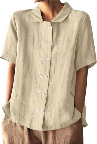 Womens Short Sleeve Button Down Shirt Loose Summer Cotton Linen Tops Lightweight Double Breasted Blouse V Neck Shirts in Kuwait