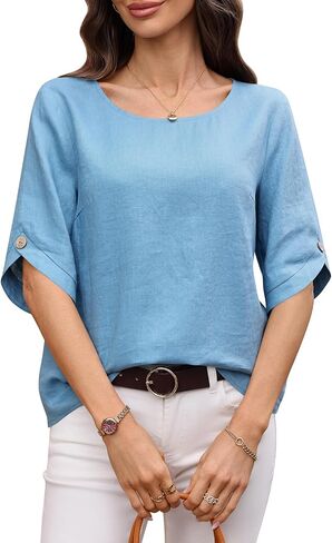 Women's 100% Linen Tops 3/4 Sleeve with Button Crewneck 2026 Summer Trendy Blouses Shirt in Saudi Arabia