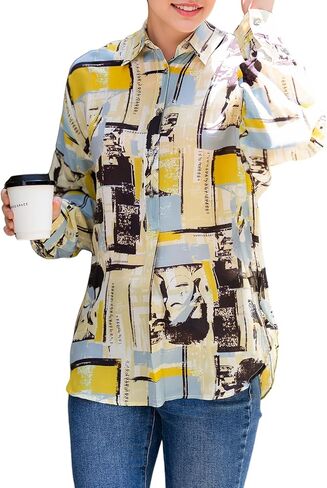 Womens 100% Silk Blouse Long Sleeve Oversized Button Down Shirt Boho Summer Fall Dressy Casual V Neck Boyfriend Tops in Kuwait