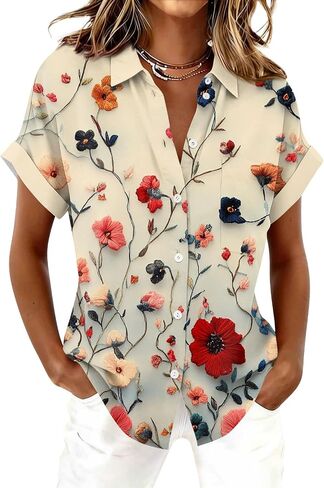 Women's Casual V Neck Floral Print Short Sleeve Blouses Button Down Shirts Loose Fit Boho Summer Tops Trendy in Kuwait
