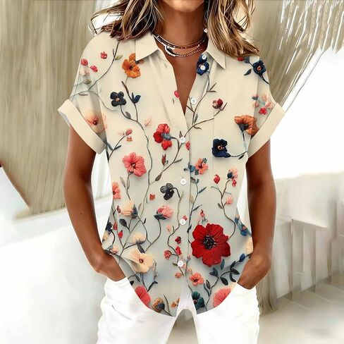 Women's Casual V Neck Floral Print Short Sleeve Blouses Button Down Shirts Loose Fit Boho Summer Tops Trendy in Kuwait