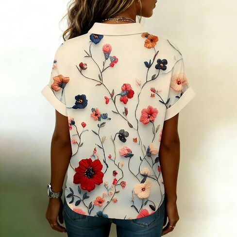Women's Casual V Neck Floral Print Short Sleeve Blouses Button Down Shirts Loose Fit Boho Summer Tops Trendy in Kuwait