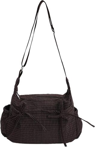 Plaid Shoulder Bag for Women – Lightweight Nylon Crossbody Purse with Bow, Large Capacity, Multiple Pockets, Adjustable Strap for Daily Commute or Travel (Coffee Plaid) in Kuwait