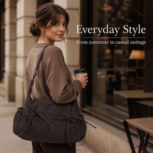 Plaid Shoulder Bag for Women – Lightweight Nylon Crossbody Purse with Bow, Large Capacity, Multiple Pockets, Adjustable Strap for Daily Commute or Travel (Coffee Plaid) in Kuwait
