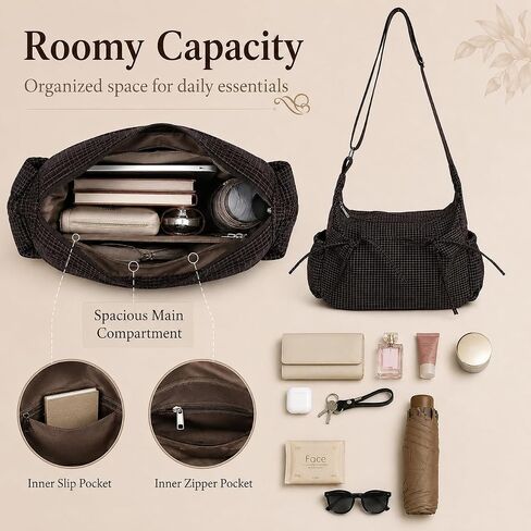 Plaid Shoulder Bag for Women – Lightweight Nylon Crossbody Purse with Bow, Large Capacity, Multiple Pockets, Adjustable Strap for Daily Commute or Travel (Coffee Plaid) in Kuwait