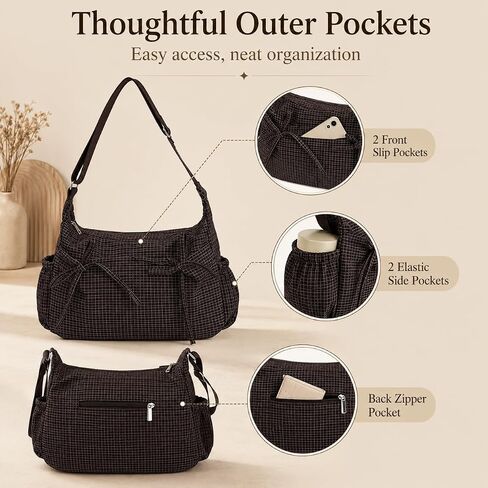 Plaid Shoulder Bag for Women – Lightweight Nylon Crossbody Purse with Bow, Large Capacity, Multiple Pockets, Adjustable Strap for Daily Commute or Travel (Coffee Plaid) in Kuwait