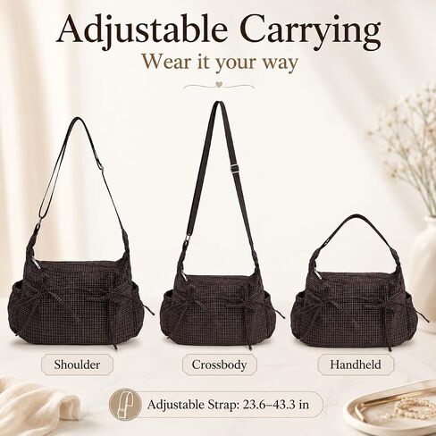 Plaid Shoulder Bag for Women – Lightweight Nylon Crossbody Purse with Bow, Large Capacity, Multiple Pockets, Adjustable Strap for Daily Commute or Travel (Coffee Plaid) in Kuwait