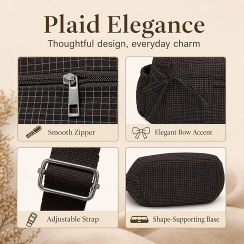 Plaid Shoulder Bag for Women – Lightweight Nylon Crossbody Purse with Bow, Large Capacity, Multiple Pockets, Adjustable Strap for Daily Commute or Travel (Coffee Plaid) in Kuwait