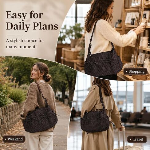 Plaid Shoulder Bag for Women – Lightweight Nylon Crossbody Purse with Bow, Large Capacity, Multiple Pockets, Adjustable Strap for Daily Commute or Travel (Coffee Plaid) in Kuwait