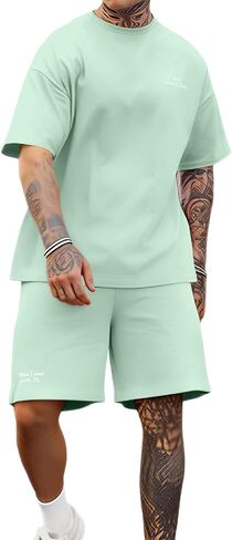 Opomelo Mens Casual Short Sets 2 Piece Summer Outfits Athletic Stretch T Shirt and Jogging Drawstring Shorts Tracksuits in Saudi Arabia