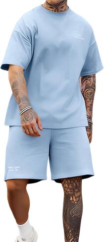 Opomelo Mens Casual Short Sets 2 Piece Summer Outfits Athletic Stretch T Shirt and Jogging Drawstring Shorts Tracksuits in Saudi Arabia