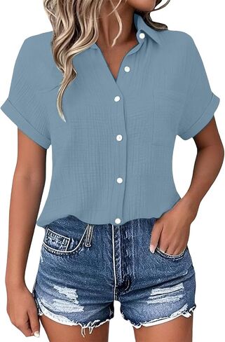 Women's Casual V Neck Floral Print Short Sleeve Blouses Button Down Shirts Loose Fit Boho Summer Tops Trendy in Saudi Arabia