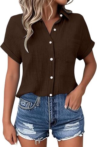 Women's Casual V Neck Floral Print Short Sleeve Blouses Button Down Shirts Loose Fit Boho Summer Tops Trendy in Kuwait