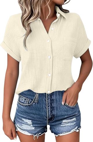 Women's Casual V Neck Floral Print Short Sleeve Blouses Button Down Shirts Loose Fit Boho Summer Tops Trendy in Kuwait