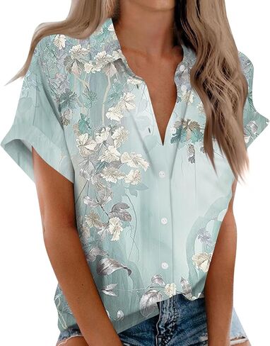 Women's Casual V Neck Floral Print Short Sleeve Blouses Button Down Shirts Loose Fit Boho Summer Tops Trendy in Kuwait