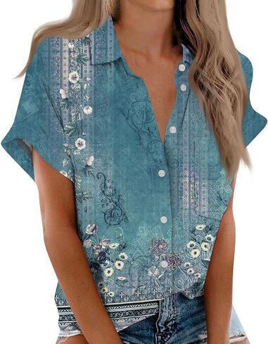 Women's Casual V Neck Floral Print Short Sleeve Blouses Button Down Shirts Loose Fit Boho Summer Tops Trendy in Kuwait