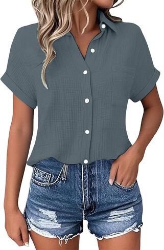 Women's Casual V Neck Floral Print Short Sleeve Blouses Button Down Shirts Loose Fit Boho Summer Tops Trendy in Kuwait
