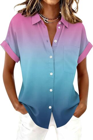 Women's Casual V Neck Floral Print Short Sleeve Blouses Button Down Shirts Loose Fit Boho Summer Tops Trendy in Kuwait