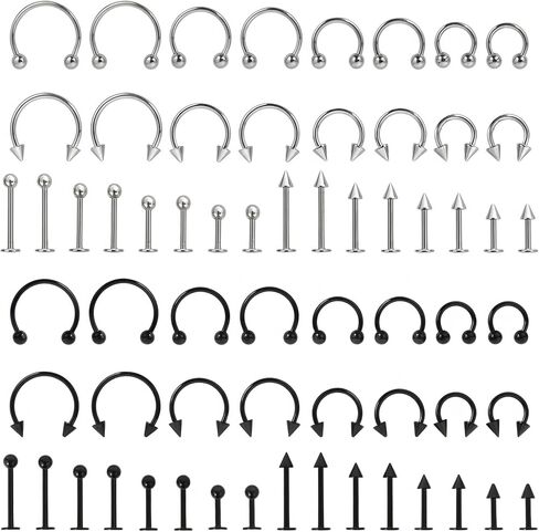 64PCS Lip Rings Tragus Lip Piercing Jewelry Barbell 16G Horseshoe Medusa Snake Bite Earring Helix Piercing Jewelry Vertical Labret Cartilage Studs Steel Lip Ring Kit for Women Men in Saudi Arabia