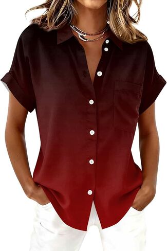 Women's Casual V Neck Floral Print Short Sleeve Blouses Button Down Shirts Loose Fit Boho Summer Tops Trendy in Kuwait