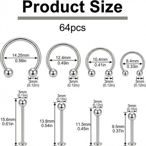 64PCS Lip Rings Tragus Lip Piercing Jewelry Barbell 16G Horseshoe Medusa Snake Bite Earring Helix Piercing Jewelry Vertical Labret Cartilage Studs Steel Lip Ring Kit for Women Men in Saudi Arabia