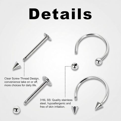 64PCS Lip Rings Tragus Lip Piercing Jewelry Barbell 16G Horseshoe Medusa Snake Bite Earring Helix Piercing Jewelry Vertical Labret Cartilage Studs Steel Lip Ring Kit for Women Men in Saudi Arabia