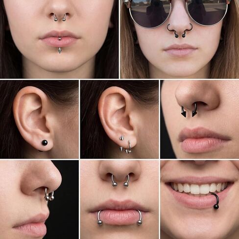 64PCS Lip Rings Tragus Lip Piercing Jewelry Barbell 16G Horseshoe Medusa Snake Bite Earring Helix Piercing Jewelry Vertical Labret Cartilage Studs Steel Lip Ring Kit for Women Men in Saudi Arabia