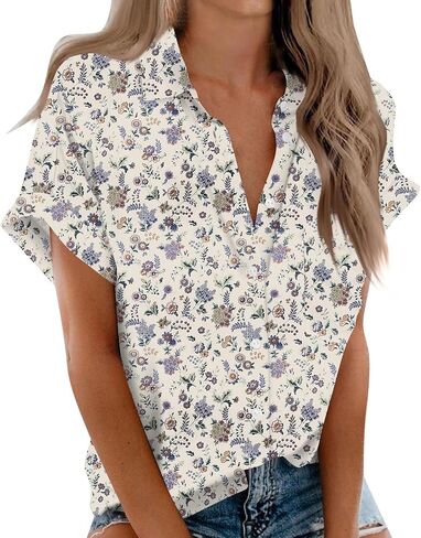 Women's Casual V Neck Floral Print Short Sleeve Blouses Button Down Shirts Loose Fit Boho Summer Tops Trendy in Kuwait