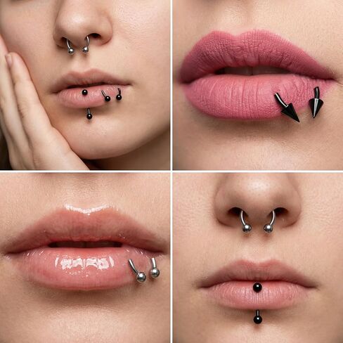 64PCS Lip Rings Tragus Lip Piercing Jewelry Barbell 16G Horseshoe Medusa Snake Bite Earring Helix Piercing Jewelry Vertical Labret Cartilage Studs Steel Lip Ring Kit for Women Men in Saudi Arabia