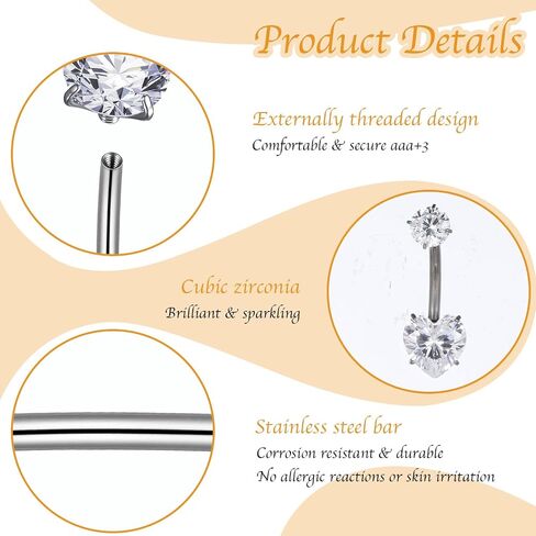 14G Surgical Steel Belly Button Rings 3 Pack – Internal Thread Navel Jewelry with Cubic Zirconia, Long Length Belly Bars (14mm & 28mm) for Women, Body Piercing Jewelry for Daily or Party Wear in Saudi Arabia