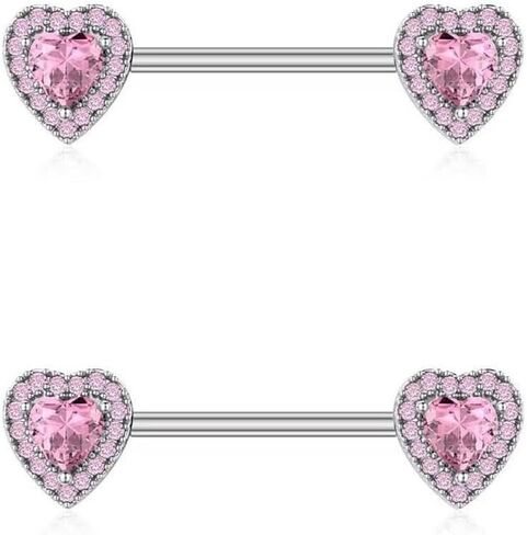 Kokoma 14G Heart Shaped Pink CZ Nipple Rings for Women, Stainless Steel Crystal Love Heart Nipple Barbells Nipplerings Dainty Body Piercing Jewelry in Kuwait