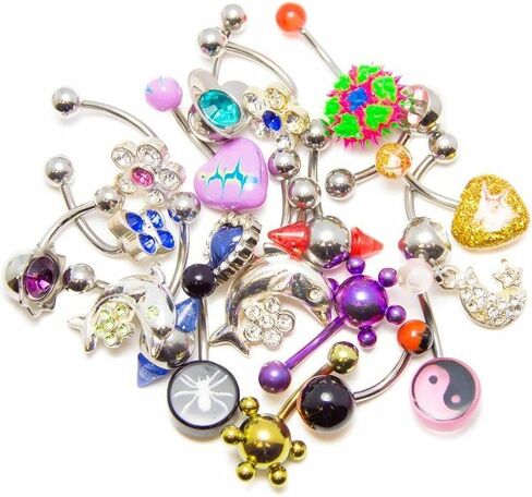 BodyJewelryOnline 12pcs 14G الجراحية الصلب البطن زر الدائري للنساء ثقب البطن المتدلية لطيف القلب فراشة السرة خواتم تشيكوسلوفاكيا البطن الدائري الدلفين - تم اختيارها عشوائيا in Kuwait