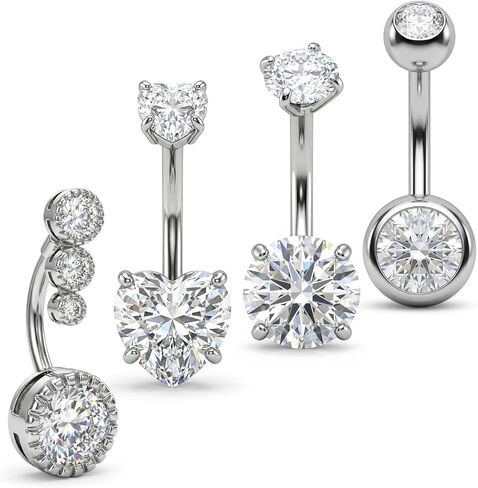 ElevateTech Stainless Steel Belly Button Rings for Women, 4 Pcs CZ Heart Belly Barbell Piercing Cute Curved Navel Ring Navel Piercing Jewelry Belly-Ring for Women, Silver in Kuwait