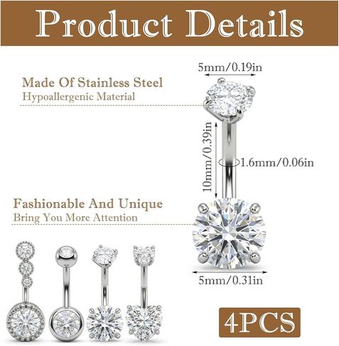 ElevateTech Stainless Steel Belly Button Rings for Women, 4 Pcs CZ Heart Belly Barbell Piercing Cute Curved Navel Ring Navel Piercing Jewelry Belly-Ring for Women, Silver in Kuwait