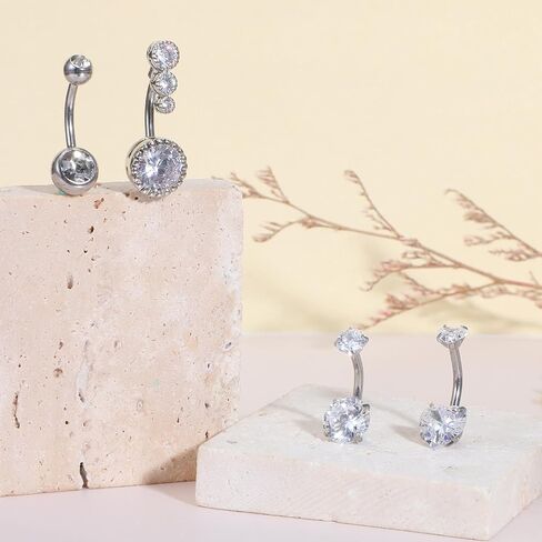 ElevateTech Stainless Steel Belly Button Rings for Women, 4 Pcs CZ Heart Belly Barbell Piercing Cute Curved Navel Ring Navel Piercing Jewelry Belly-Ring for Women, Silver in Kuwait