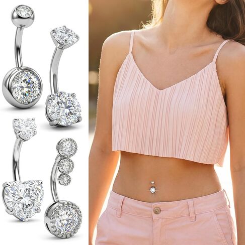 ElevateTech Stainless Steel Belly Button Rings for Women, 4 Pcs CZ Heart Belly Barbell Piercing Cute Curved Navel Ring Navel Piercing Jewelry Belly-Ring for Women, Silver in Kuwait