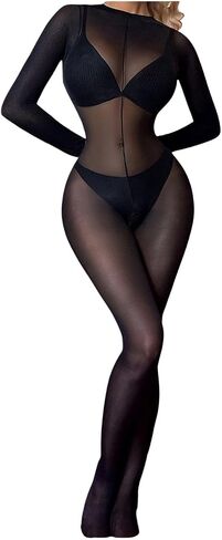 Women's Sheer Mesh Long Sleeve Bodystocking See-Through Full Body Stocking Sexy Lingerie Tights for Clubwear Rave Outfit in Saudi Arabia