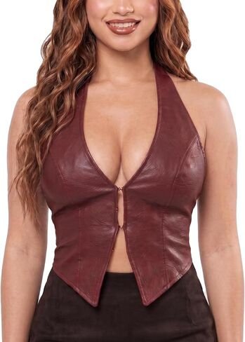 Women's Sexy PU Leather Halter Vest Top - Deep V Neck Asymmetrical Hem Corset Style Crop Tank for Party Club Festival in Saudi Arabia