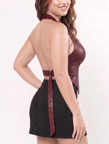 Women's Sexy PU Leather Halter Vest Top - Deep V Neck Asymmetrical Hem Corset Style Crop Tank for Party Club Festival in Saudi Arabia