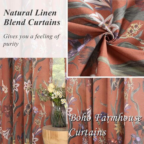 Schweek Boho Terracotta Curtains 84 Inch Length Farmhouse Linen Floral Vintage Curtains 2 Panels Set Botanical Burnt Orange Semi Sheer Curtain Drapes for Living Room Dining Room Kitchen in Saudi Arabia