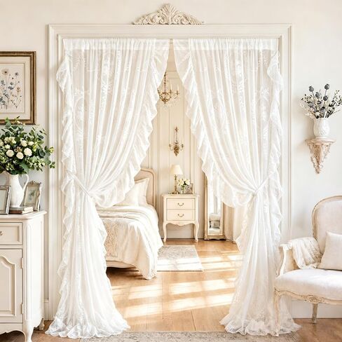 2 Pcs 55 x 80 Inch Lace Ruffle Doorway Curtains Vintage Ruffled Countryside Lace Closet Curtains White Room Divider Door Rod for Bedroom Living Room Closet Door Decor in Saudi Arabia