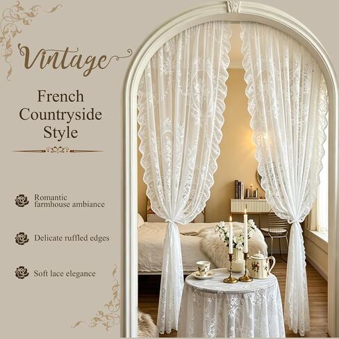 2 Pcs 55 x 80 Inch Lace Ruffle Doorway Curtains Vintage Ruffled Countryside Lace Closet Curtains White Room Divider Door Rod for Bedroom Living Room Closet Door Decor in Saudi Arabia