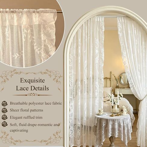 2 Pcs 55 x 80 Inch Lace Ruffle Doorway Curtains Vintage Ruffled Countryside Lace Closet Curtains White Room Divider Door Rod for Bedroom Living Room Closet Door Decor in Saudi Arabia