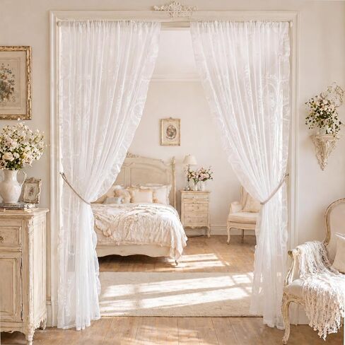 2 Pcs 55 x 80 Inch Lace Ruffle Doorway Curtains Vintage Ruffled Countryside Lace Closet Curtains White Room Divider Door Rod for Bedroom Living Room Closet Door Decor in Saudi Arabia