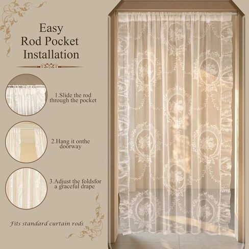 2 Pcs 55 x 80 Inch Lace Ruffle Doorway Curtains Vintage Ruffled Countryside Lace Closet Curtains White Room Divider Door Rod for Bedroom Living Room Closet Door Decor in Saudi Arabia