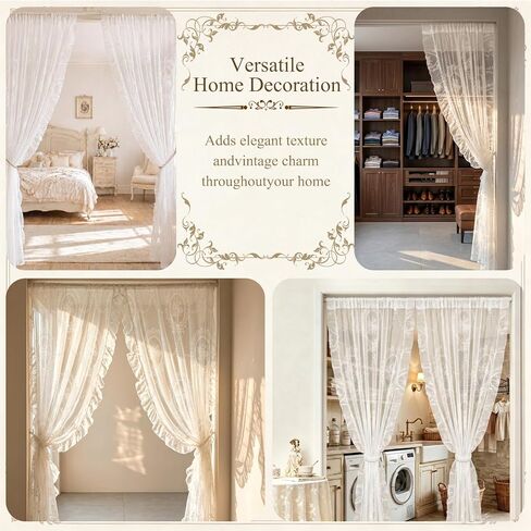 2 Pcs 55 x 80 Inch Lace Ruffle Doorway Curtains Vintage Ruffled Countryside Lace Closet Curtains White Room Divider Door Rod for Bedroom Living Room Closet Door Decor in Saudi Arabia