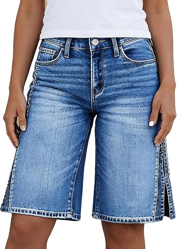 Flamingals Wide Leg Bermuda Shorts for Women Mid Waist Washed Split Hollow Out Trendy Denim Shorts in Saudi Arabia