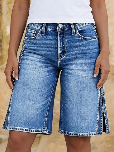 Flamingals Wide Leg Bermuda Shorts for Women Mid Waist Washed Split Hollow Out Trendy Denim Shorts in Saudi Arabia